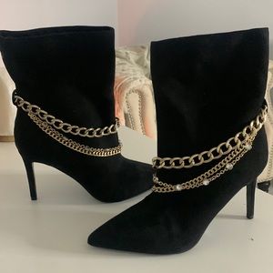 Guess Ankle Boots Black Suede w/ gold & diamonds accents. 4” heel